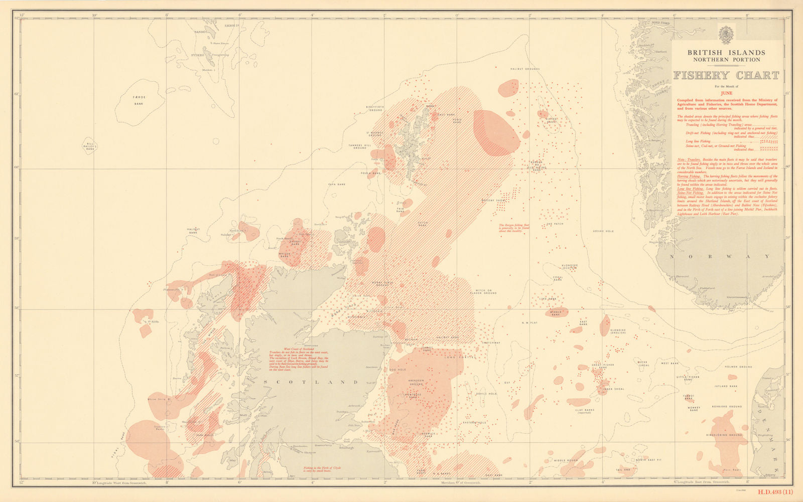 British Isles North June Fishery Chart Scotland North Sea Atlantic 1953 map